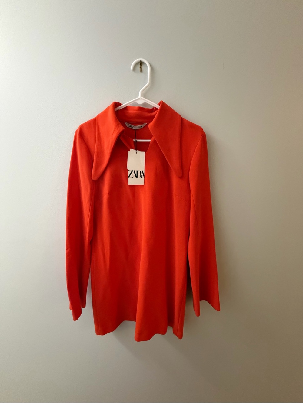 ZARA Women’s Vibrant Orange-Red Long Sleeve Dress with Pointed Collar